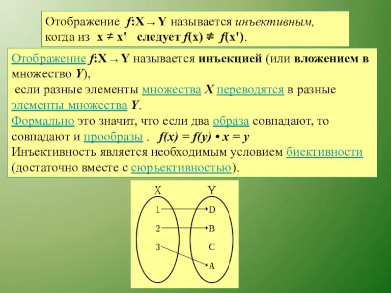 Отображение f:X→Y называется инъективным, когда из x ≠ x' следует