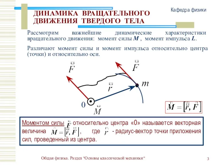 Общая физика. Раздел "Основы классической механики" Кафедра физики ДИНАМИКА ВРАЩАТЕЛЬНОГО