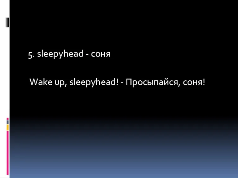 5. sleepyhead - соня Wake up, sleepyhead! - Просыпайся, соня!