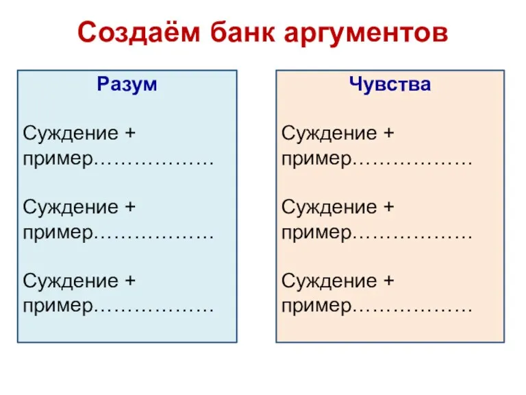 Создаём банк аргументов Разум Суждение + пример……………… Суждение + пример………………