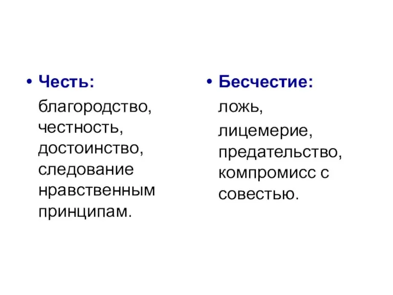 Честь: благородство, честность, достоинство, следование нравственным принципам. Бесчестие: ложь, лицемерие, предательство, компромисс с совестью.