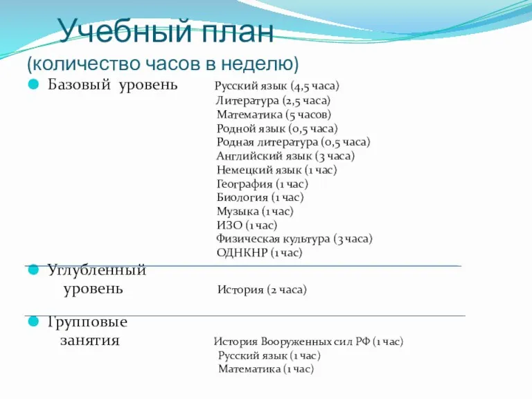 Учебный план (количество часов в неделю) Базовый уровень Русский язык