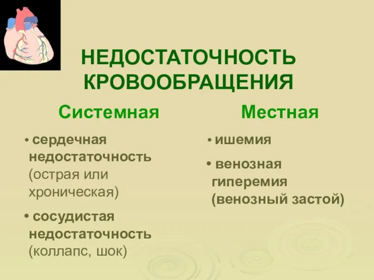 НЕДОСТАТОЧНОСТЬ КРОВООБРАЩЕНИЯ Системная сердечная недостаточность (острая или хроническая) сосудистая недостаточность