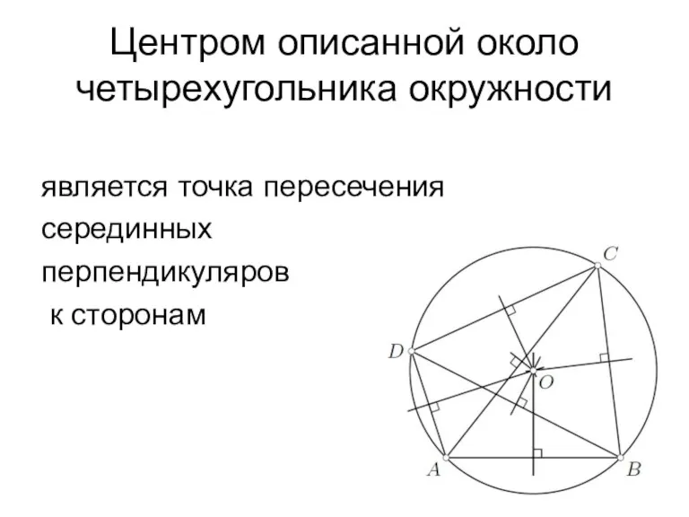 Центром описанной около четырехугольника окружности является точка пересечения серединных перпендикуляров к сторонам