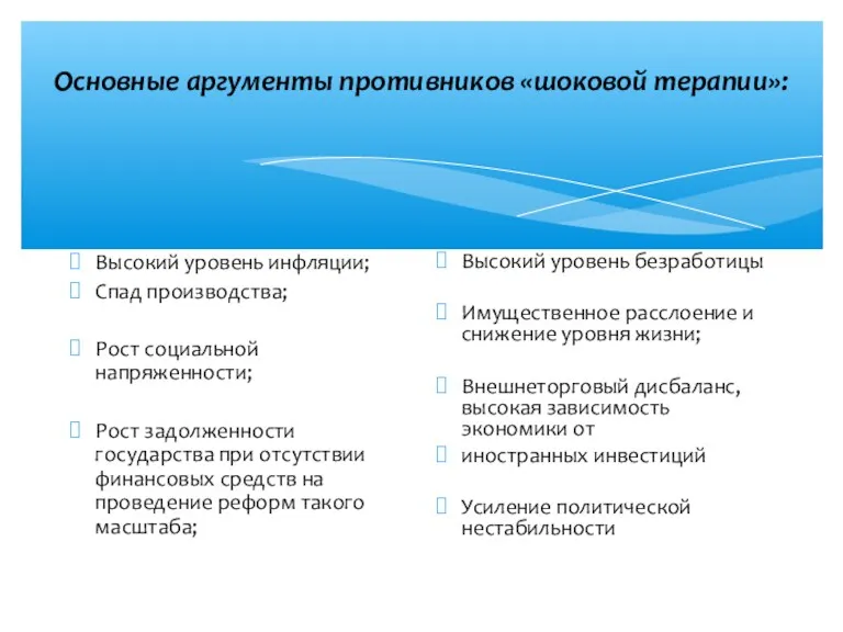 Основные аргументы противников «шоковой терапии»: Высокий уровень инфляции; Спад производства;