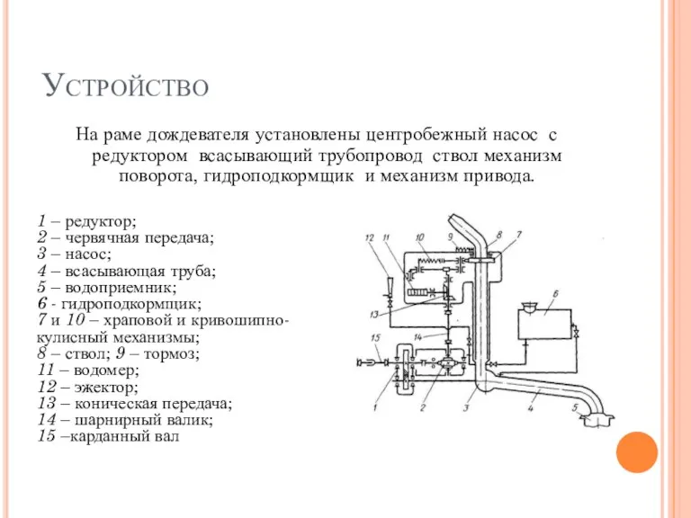 Устройство На раме дождевателя установлены центробежный насос с редуктором всасывающий