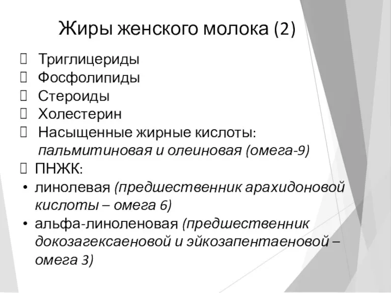 Жиры женского молока (2) Триглицериды Фосфолипиды Стероиды Холестерин Насыщенные жирные