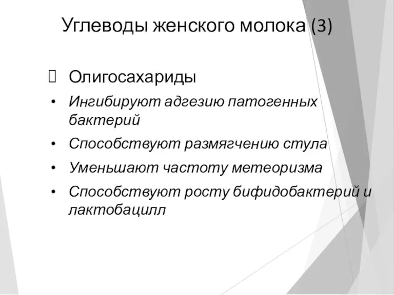 Углеводы женского молока (3) Олигосахариды Ингибируют адгезию патогенных бактерий Способствуют