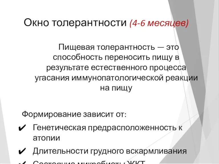 Окно толерантности (4-6 месяцев) Пищевая толерантность — это способность переносить