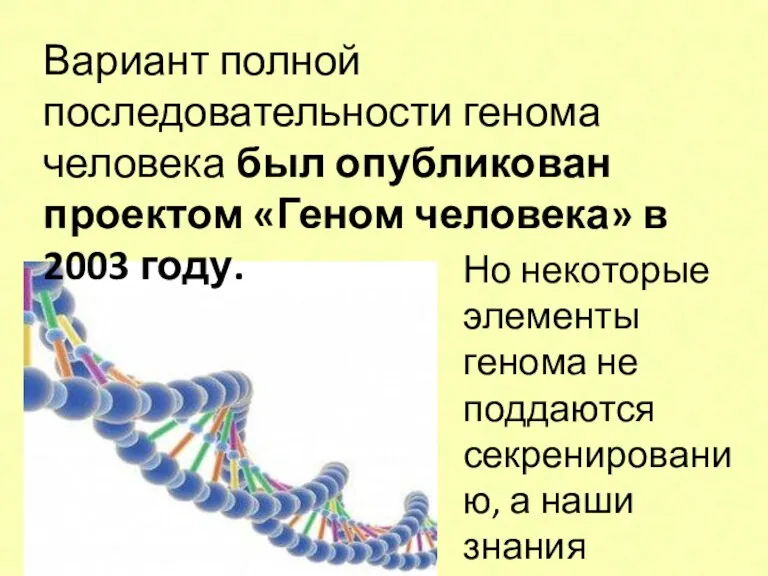 Вариант полной последовательности генома человека был опубликован проектом «Геном человека»