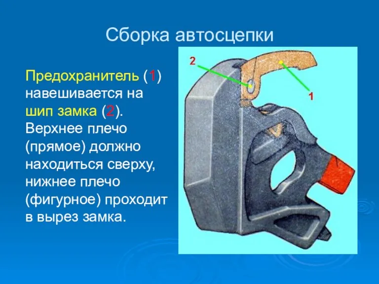 Сборка автосцепки Предохранитель (1) навешивается на шип замка (2). Верхнее