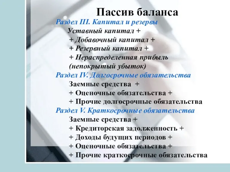 Пассив баланса Раздел III. Капитал и резервы Уставный капитал +