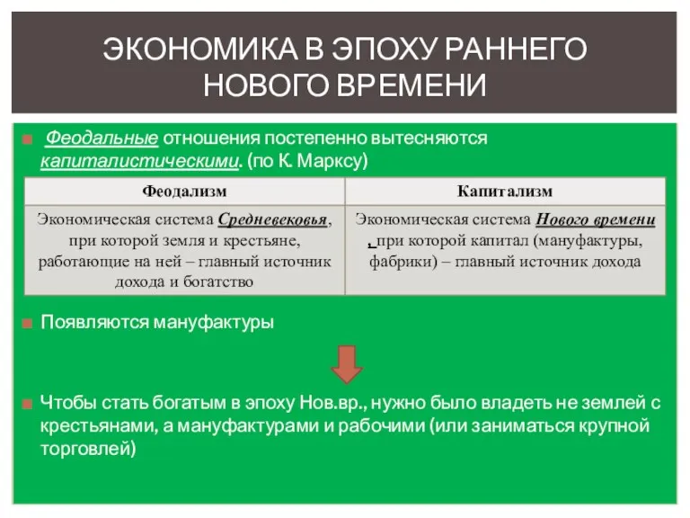 Феодальные отношения постепенно вытесняются капиталистическими. (по К. Марксу) Появляются мануфактуры