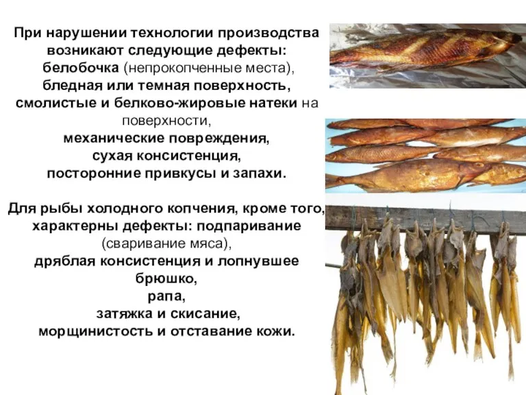 При нарушении технологии производства возникают следующие дефекты: белобочка (непрокопченные места),