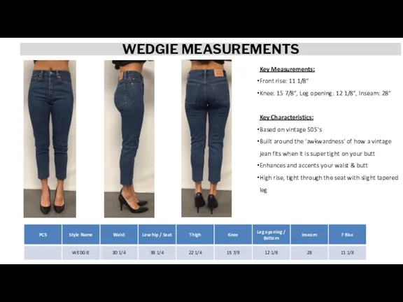 WEDGIE MEASUREMENTS Key Measurements: Front rise: 11 1/8” Knee: 15