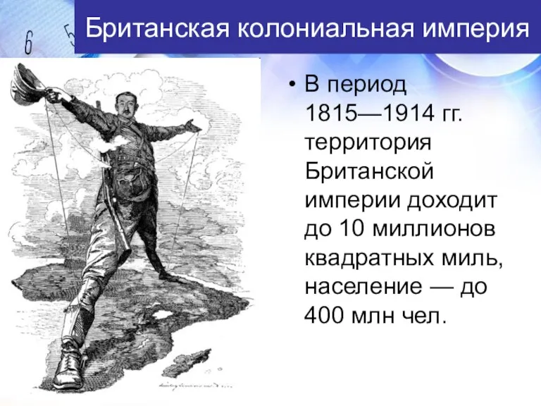 Британская колониальная империя В период 1815—1914 гг. территория Британской империи доходит до 10