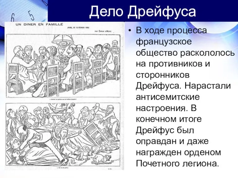 Дело Дрейфуса В ходе процесса французское общество раскололось на противников и сторонников Дрейфуса.