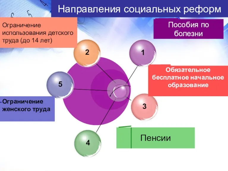 Направления социальных реформ Пособия по болезни Обязательное бесплатное начальное образование Ограничение использования детского