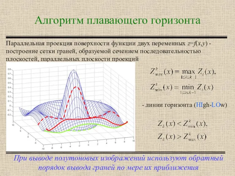 Алгоритм плавающего горизонта При выводе полутоновых изображений используют обратный порядок