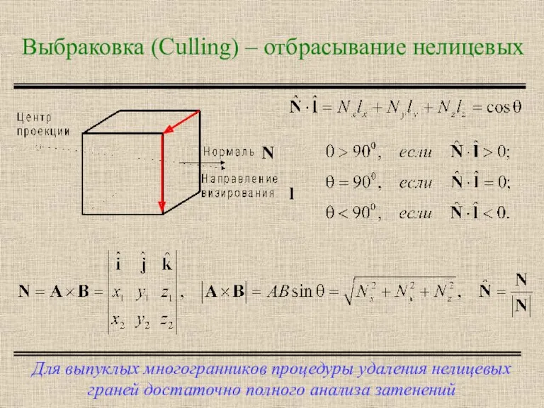 Выбраковка (Culling) – отбрасывание нелицевых Для выпуклых многогранников процедуры удаления нелицевых граней достаточно полного анализа затенений