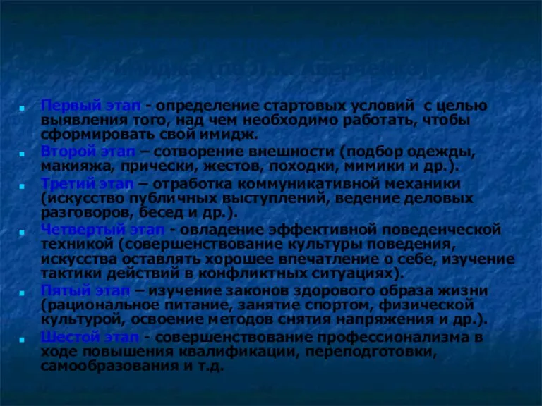 Технология построения собственного имиджа (по Л.К. Аверченко) Первый этап - определение стартовых условий