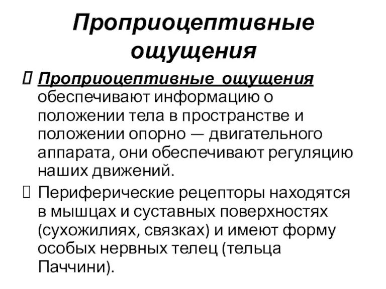 Проприоцептивные ощущения Проприоцептивные ощущения обеспечивают информацию о положении тела в