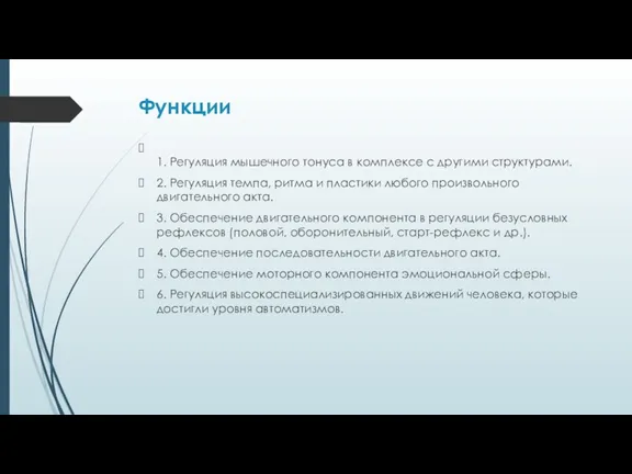 Функции 1. Регуляция мышечного тонуса в комплексе с другими структурами.