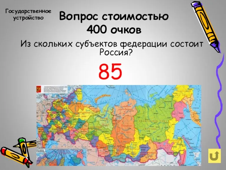 Вопрос стоимостью 400 очков Государственное устройство Из скольких субъектов федерации состоит Россия? 85