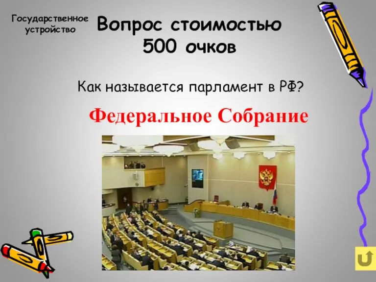 Вопрос стоимостью 500 очков Государственное устройство Как называется парламент в РФ? Федеральное Собрание