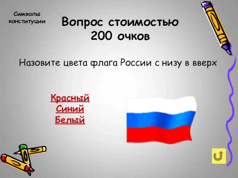 Вопрос стоимостью 200 очков Символы конституции Назовите цвета флага России