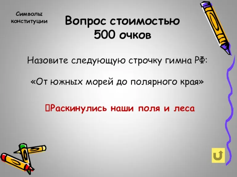 Вопрос стоимостью 500 очков Символы конституции Назовите следующую строчку гимна