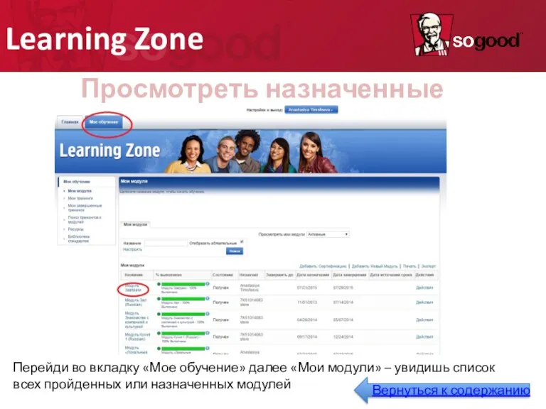 Learning Zone Просмотреть назначенные модули: Перейди во вкладку «Мое обучение»