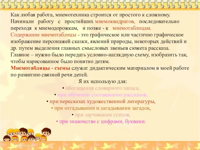 Как любая работа, мнемотехника строится от простого к сложному. Начинали