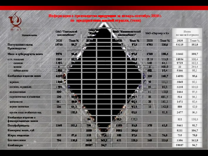 Информация о производстве продукции за январь-сентябрь 2020 г. по предприятиям мясной отрасли, (тонн)