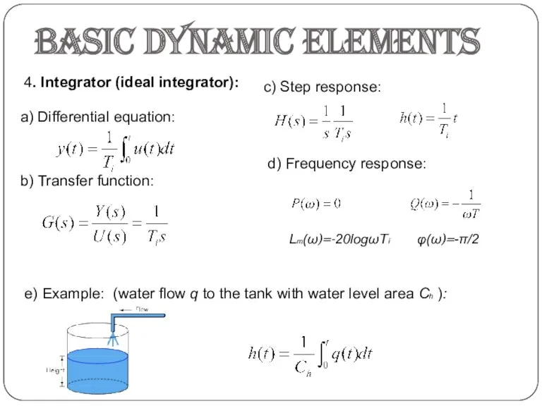 Basic dynamic elements 4. Integrator (ideal integrator): a) Differential equation: