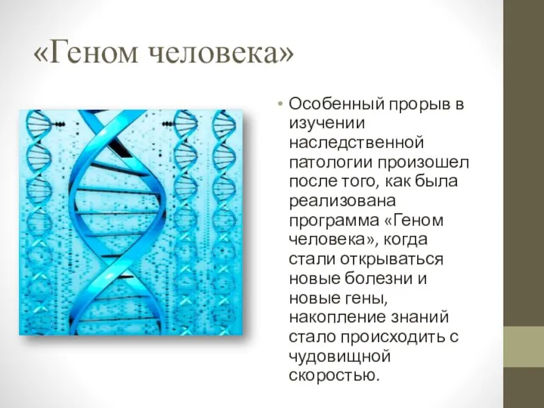 «Геном человека» Особенный прорыв в изучении наследственной патологии произошел после того, как была