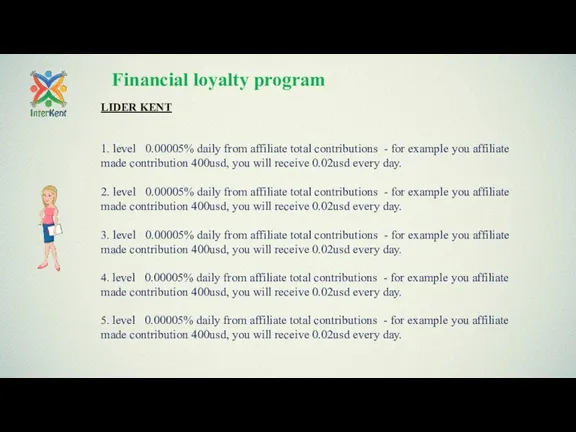 Financial loyalty program LIDER KENT 1. level 0.00005% daily from