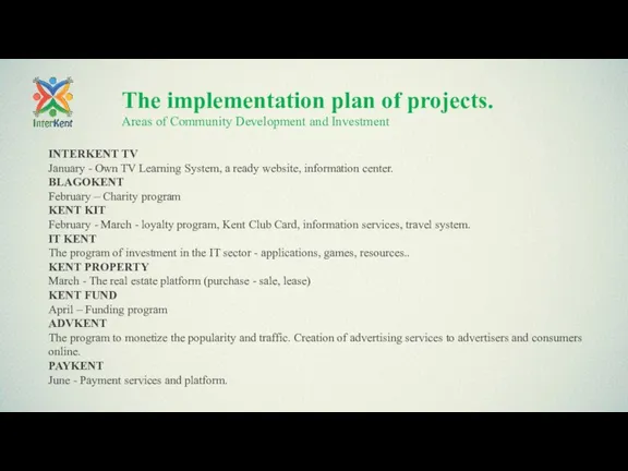 The implementation plan of projects. Areas of Community Development and