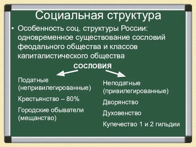 Социальная структура Особенность соц. структуры России: одновременное существование сословий феодального общества и классов