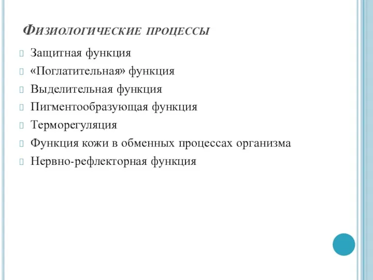 Физиологические процессы Защитная функция «Поглатительная» функция Выделительная функция Пигментообразующая функция