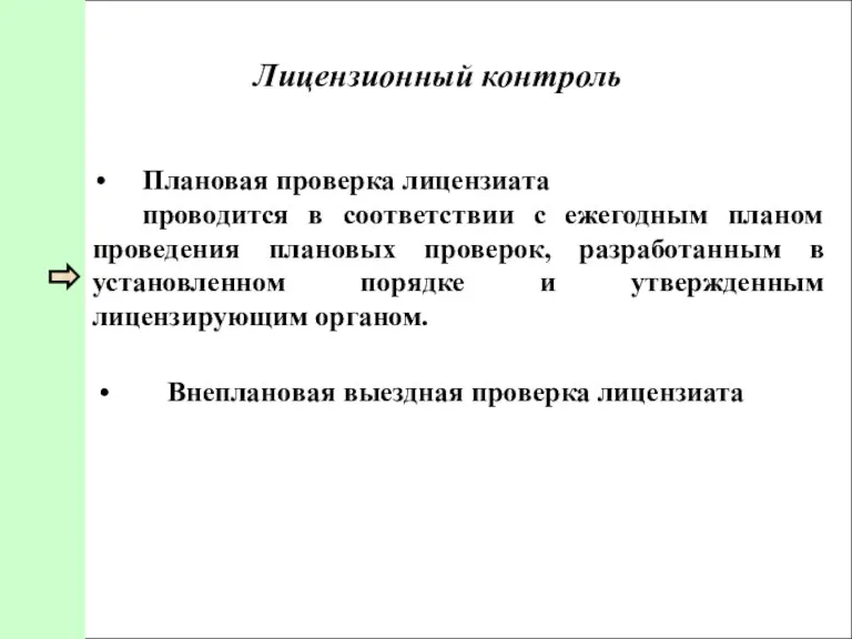 Лицензионный контроль Плановая проверка лицензиата проводится в соответствии с ежегодным планом проведения плановых