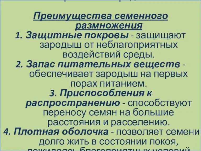 Семя - приостановившийся в своем развитии зародыш. Преимущества семенного размножения