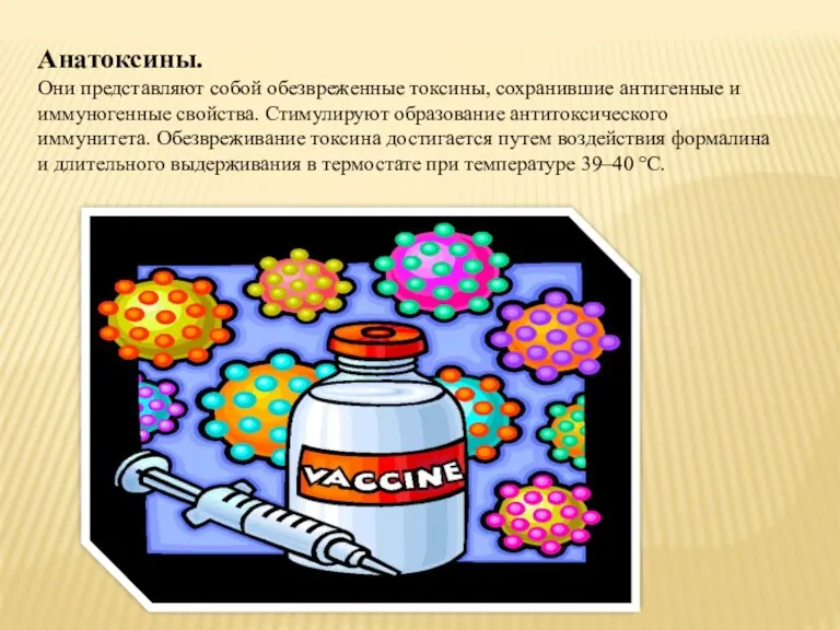 Анатоксины. Они представляют собой обезвреженные токсины, сохранившие антигенные и иммуногенные