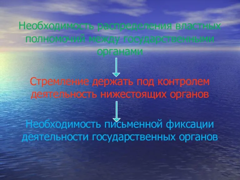 Необходимость распределения властных полномочий между государственными органами Стремление держать под