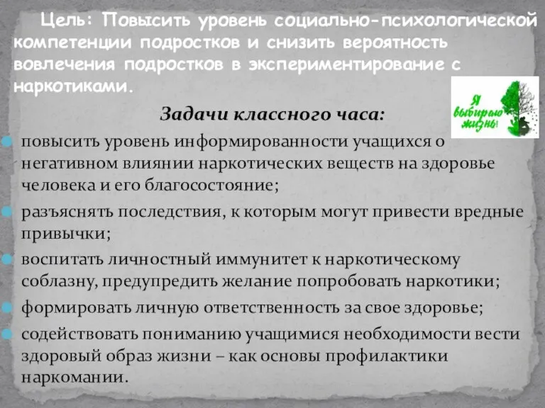 Задачи классного часа: повысить уровень информированности учащихся о негативном влиянии