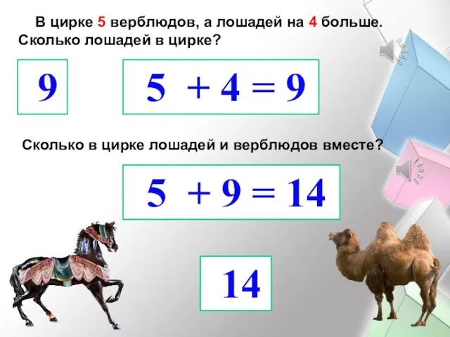 В цирке 5 верблюдов, а лошадей на 4 больше. Сколько