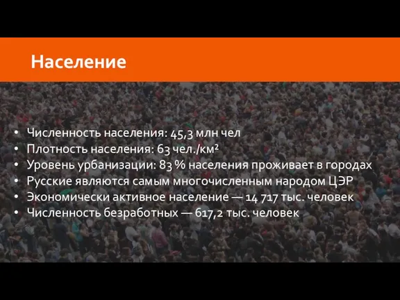 Численность населения: 45,3 млн чел Плотность населения: 63 чел./км² Уровень