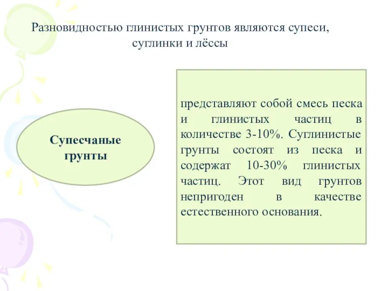 Супесчаные грунты представляют собой смесь песка и глинистых частиц в