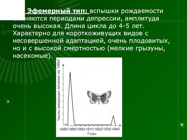 III. Эфемерный тип: вспышки рождаемости сменяются периодами депрессии, амплитуда очень