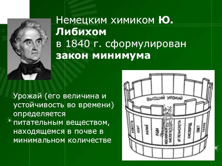 Немецким химиком Ю. Либихом в 1840 г. сформулирован закон минимума